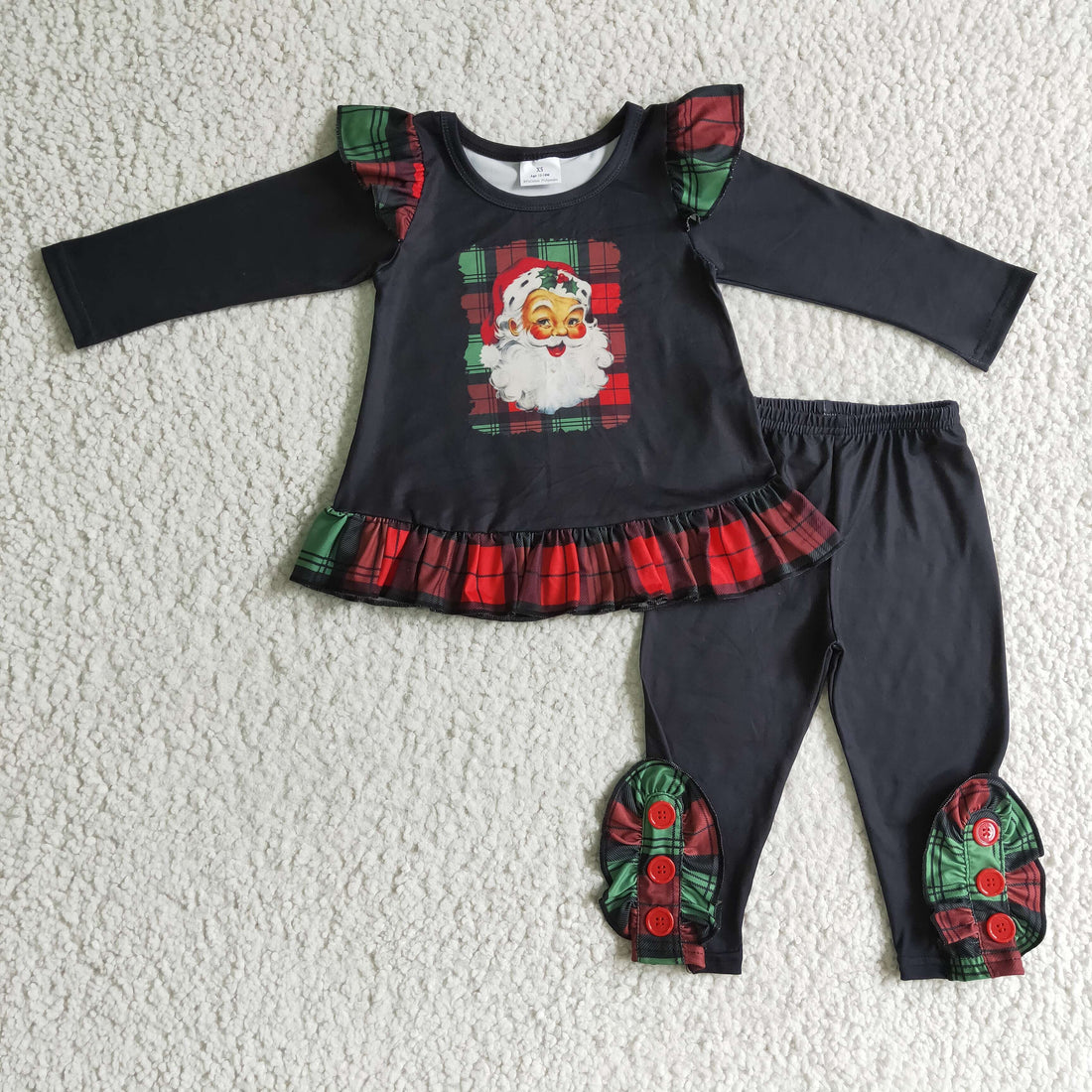 Girls Plaid Santa Ruffle Top with Leggings Set π