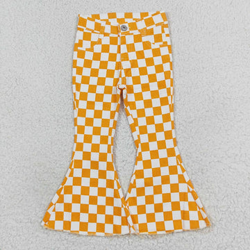 Girls Orange Checkered Bell Flare Denim Pants