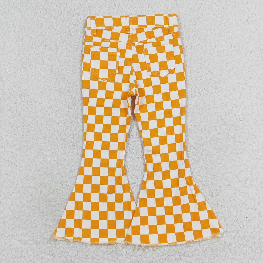 Girls Orange Checkered Bell Flare Denim Pants