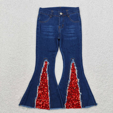 Girls Red Sequin Holiday Bell Flare Denim Pants