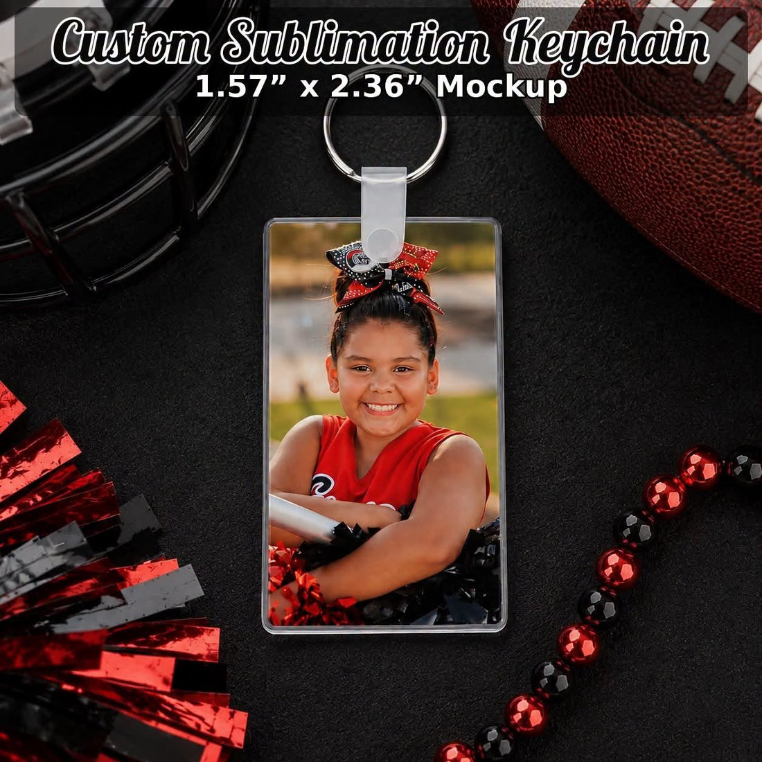Custom Sublimation Keychain mockup with cheerleader photo