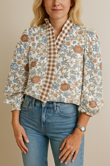 Brown Plaid Trim Floral Blouse RTS