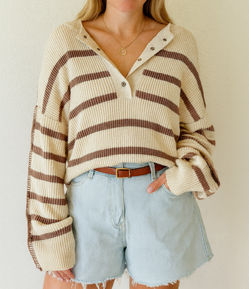 Brown Stripe Ribbed Henley Sweater RTS