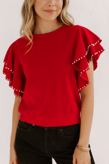 Red Pearl Ruffled Sweater RTS