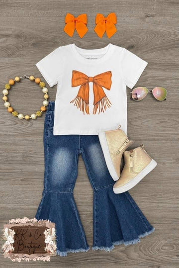 Orange bow denim bell bottom set