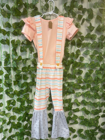 Peach polka dots 2 piece suspender bell bottom set