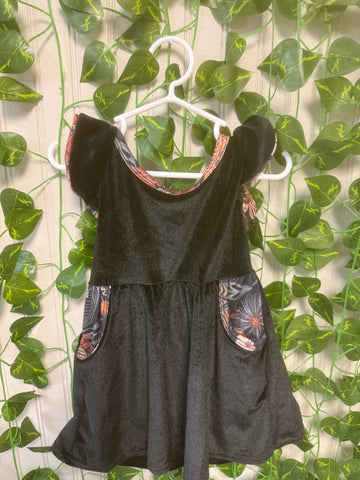 Black velvet floral bow back dress