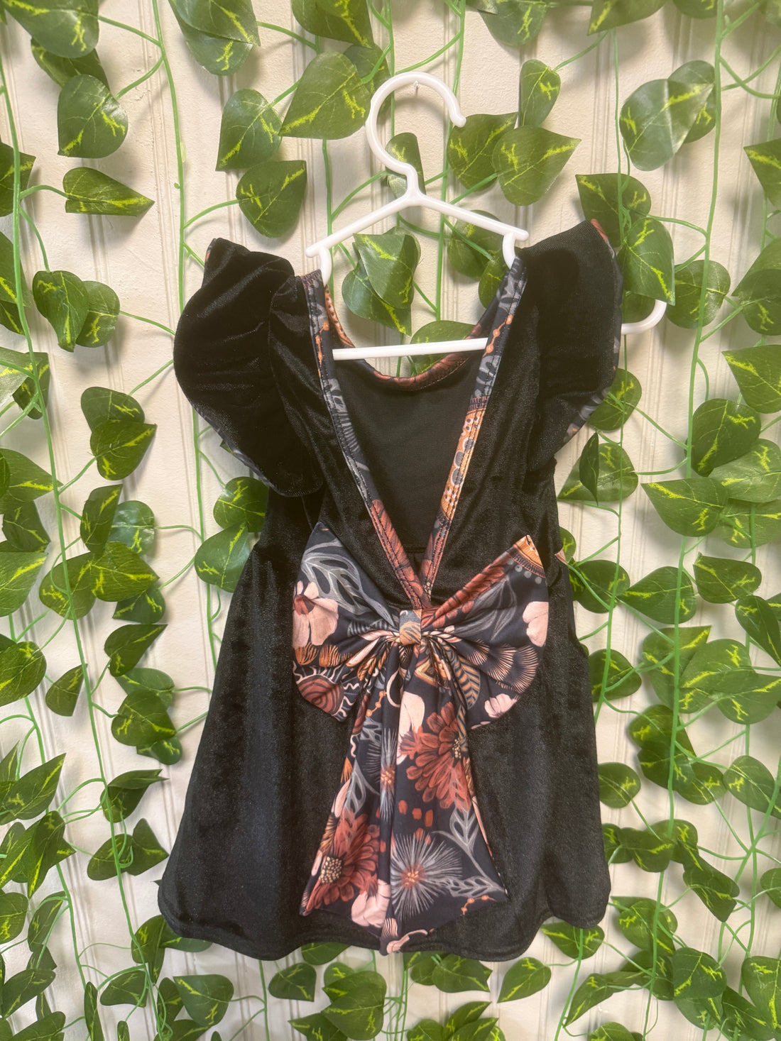 Black velvet floral bow back dress