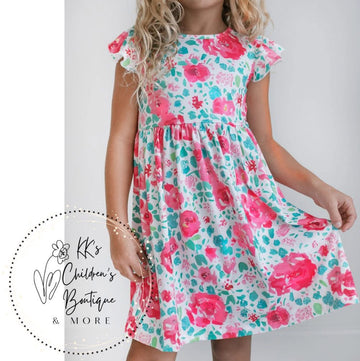 Pink and turquoise floral dress