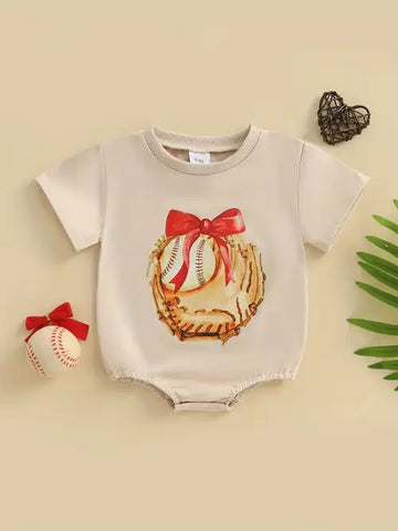 Vintage bow baseball glove bubble onesie