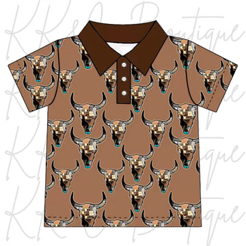 Brown cow skull button neck tee