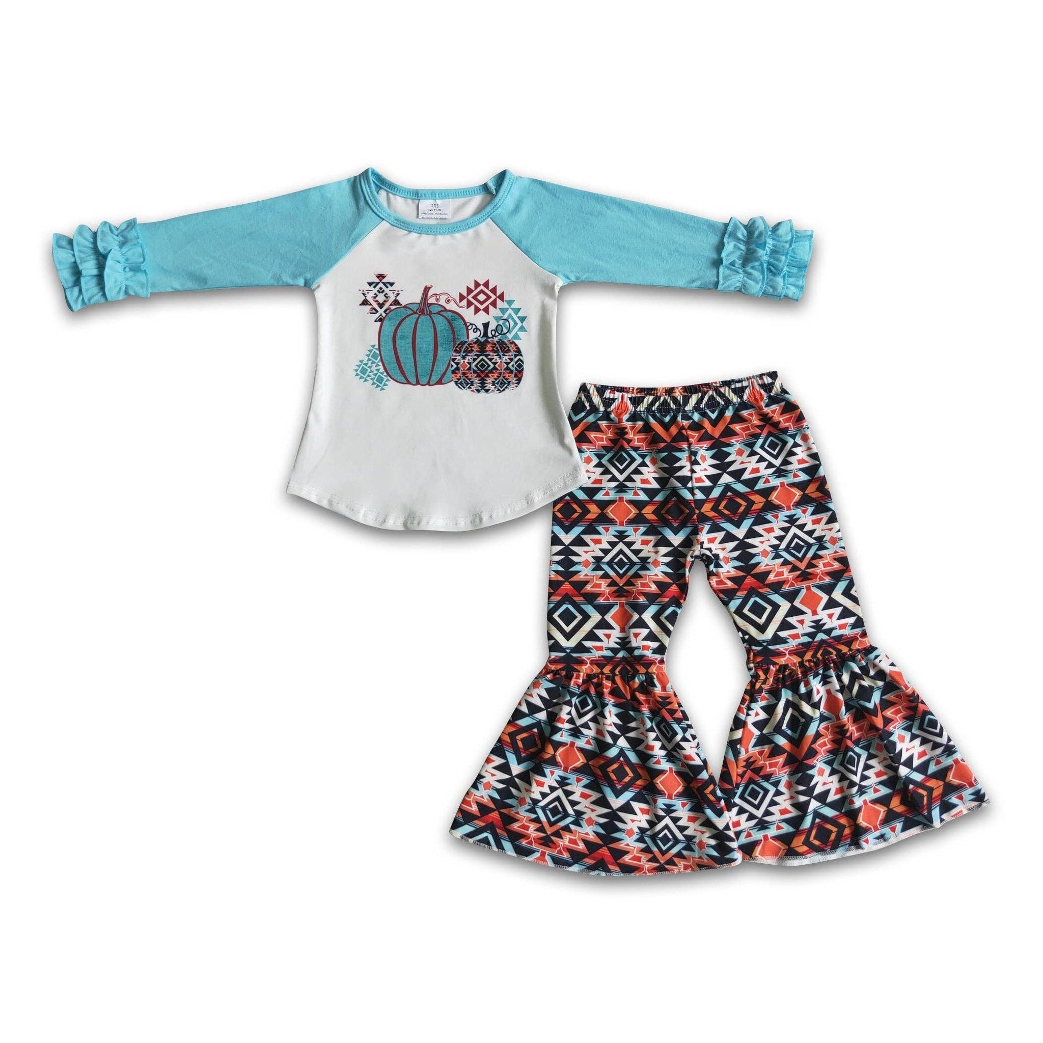 Girls Pumpkin Aztec Ruffle Top & Bell Bottom Set 🍂