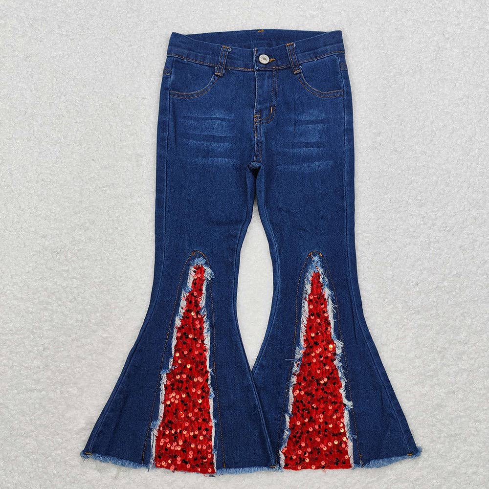 Girls Red Sequin Holiday Bell Flare Denim Pants