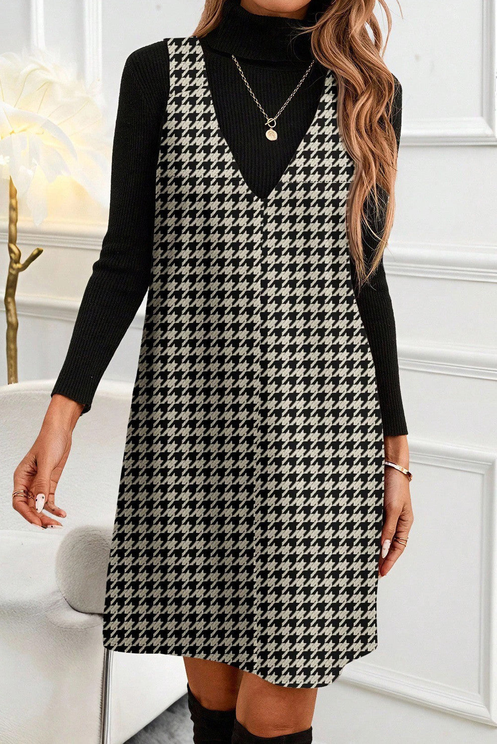 V Neck Houndstooth Mini Dress RTS